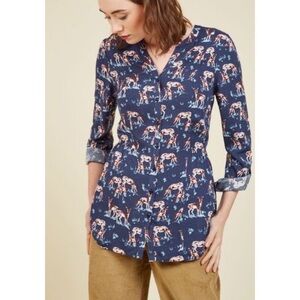 ModCloth Trusty Travel Deer Print Animal Fawns Blue Button-down Blouse Top M‌
